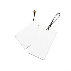 Naklejka premium Two blank white tags with black string attached, laying on a bright white background showcasing simplicity.