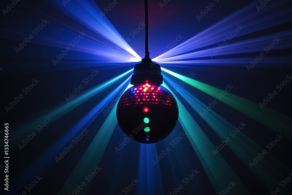 Poster a dynamic image of a spinning disco ball sending rays of colorful light across a dark venue, setting