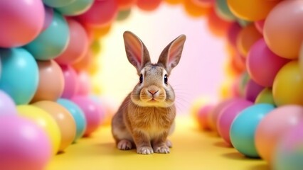 Bunny smiling through Easter Egg Tunnel. Easter concept