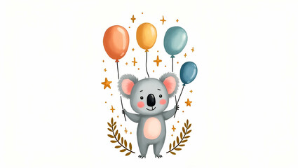 Obraz premium Flat Whimsical watercolor illustration of koala holding balloons surrounded by leaves and stars evokes playful and cheerful atmosphere concept as Koala holding balloons surrounded by leaves and stars 