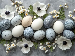 Obraz premium Easter Egg Elegance: A stunning, overhead shot of a delicate assortment of Easter eggs with unique patterns, surrounded by soft blossoms, evoking the spirit of spring.