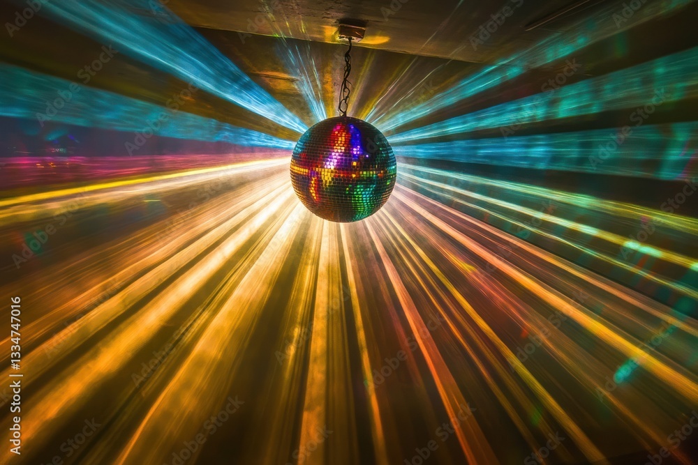Aufkleber a dynamic image of a spinning disco ball sending rays of colorful light across a dark venue, setting
