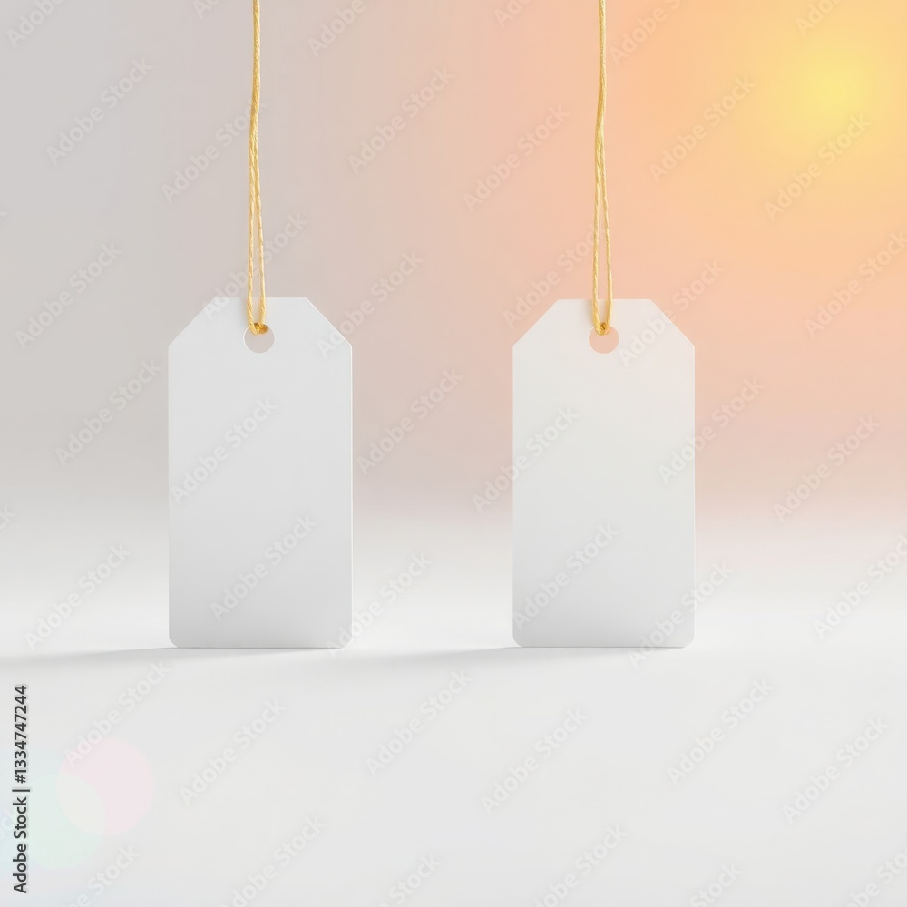 Poster two suspended white tags with natural string create a clean and minimalist aesthetic. light backgrou
