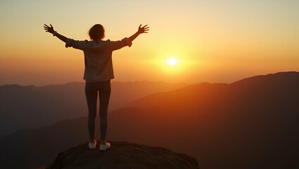 Fototapeta premium Flat Woman makes frame gesture with hands capturing sunrise on mountain symbolizing future planning and a positive outlook. concept as Highlights optimism and vision focusing on capturing opportunitie