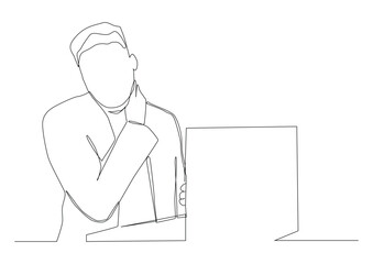 continuous line art man kneads his neck from a long job at a computer, a symptom of cervical osteochondrosis, charging for the head, self-massage, professional injury.
