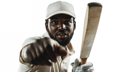 A person wearing cricket gear holding a cricket bat isolated on a transparent background 
