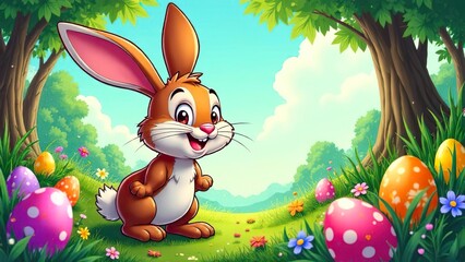 Bunny smiling through Easter Egg Tunnel. Easter concept