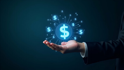 Flat Hand Visualizing Holographic Mutual Funds: A Cute Vector Illustration of Smart Business Allocations and Fund Distributions in Empty Space
