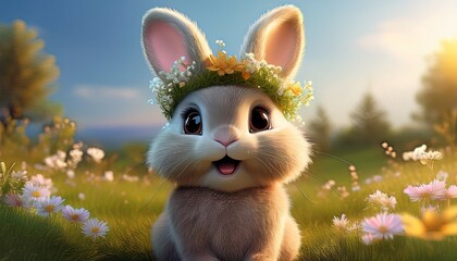 Cute 3D render of a fluffy bunny in a sunny meadow, wearing a delicate flower crown, perfect for spring themes, Easter designs, children’s books, and whimsical nature illustrations.
