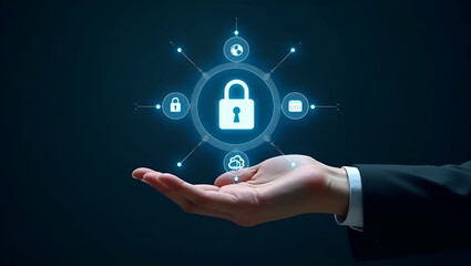 Hand Holding Holographic AI Interface for Data Security & Automation