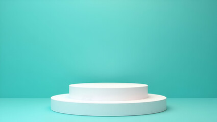 Stylish White Cylindrical Podium with Two Levels for Product Display Against Blue Green Wall - Perfect for Photo Stock Concepts with Empty Space for Customization