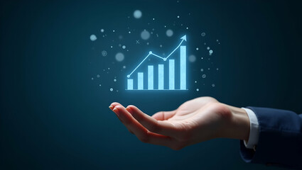 Flat Hand Showcasing Holographic Sales Analytics in Minimalist Marketing Illustration