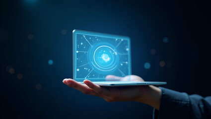 Showcase Your Style: A Hand Presenting a Holographic Device for Digital Laptop Wallpapers in a Minimalist Photo Stock Concept with Emphasis on Productivity