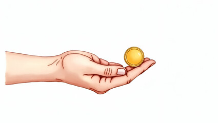 Flat Hand Holding a Single Coin: Watercolor Illustration Clipart for Financial Documents Emphasizing Budget Constraints on Isolated White Background - Cute Vector Art for Smart Business Use