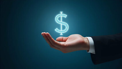 Flat Hand Holding Holographic Profit Evaluation Icon for Financial Management in Minimalist Design