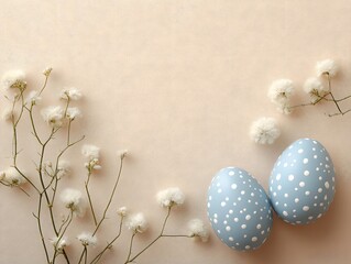 Fototapeta premium Easter Egg Elegance: A delicate Easter arrangement featuring two pastel blue eggs adorned with white polka dots, elegantly arranged amidst sprigs of white gypsophila against a soft, inviting backdrop.