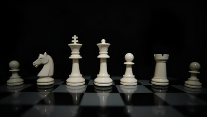 Chessboard with chess pieces on black background leader business concept as Chessboard with chess pieces on black background symbolizing business leadership and strategic decision making in  Photo Sto