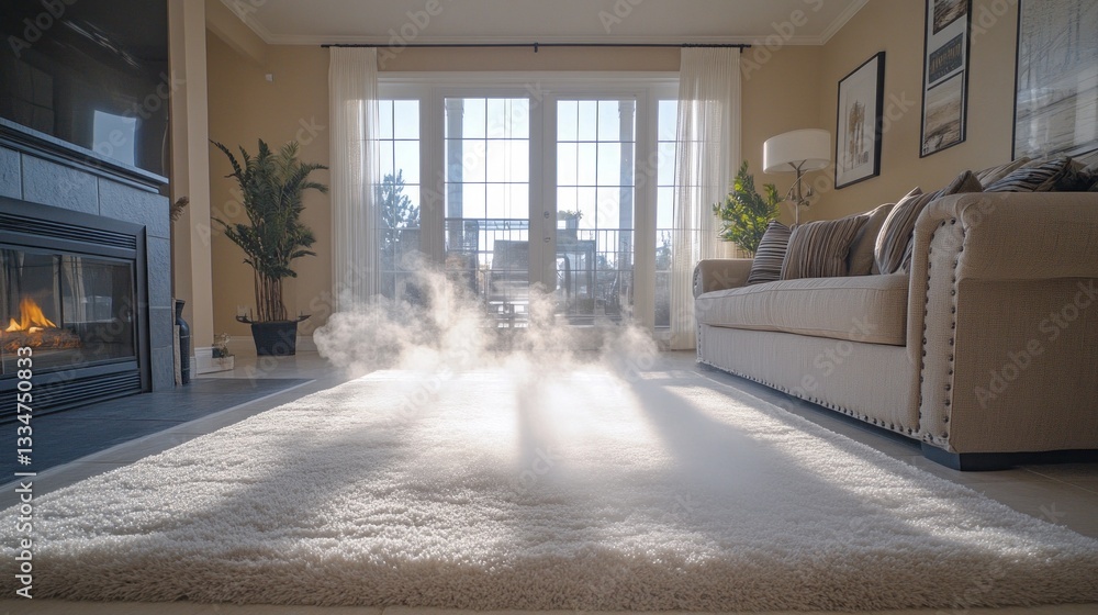 Poster Sunlight streams through large windows, illuminating a plush white rug in a peaceful living room. Soft shadows and a touch of mist create an inviting and soothing ambiance for relaxation