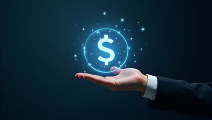 Flat Hand Presenting Holographic Improvement Icon: A Minimalist Approach to Profit Management and Expense Improvement in Business - Cute Vector Illustration for Smart Business Strategies