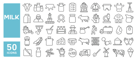 Set of 50 line icons related to milk, cream, dairy, product, yogurt, soybean, calcium, healthy, cow, cheese, curd, milk bottle, Editable stroke. Vector illustration