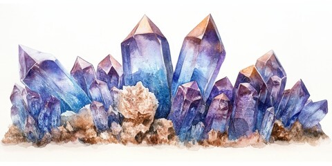 Obraz premium Mesmerizing amethyst crystals shimmer in watercolor hues of purple, blue, and cream. A symmetrical arrangement creates a captivating, dreamy scene