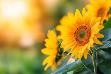 Naklejka premium Bright Sunflowers in a Blooming Field with Soft Background and Warm Sunlight