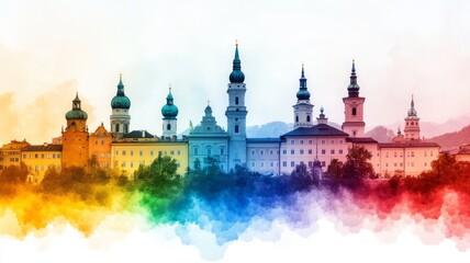Obraz premium Colorful Skyline of Historic Buildings with Spires Against a Bright Rainbow Background