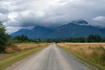 Naklejka premium A quiet country road leading towards a distant mountain range, with thick, dark clouds covering the sky. The path ahead appears unclear as the storm seems to take over