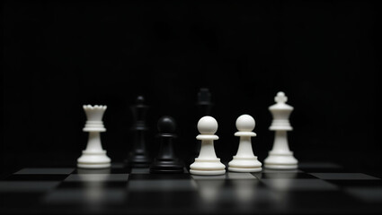 Chess game isolated on black background illustrating strategic thinking and classic competition in minimalist style. concept as Chess game isolated on black background illustrating strategic thinking 