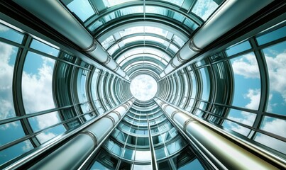 Circular building atrium with sky view, ideal for architecture and design projects
