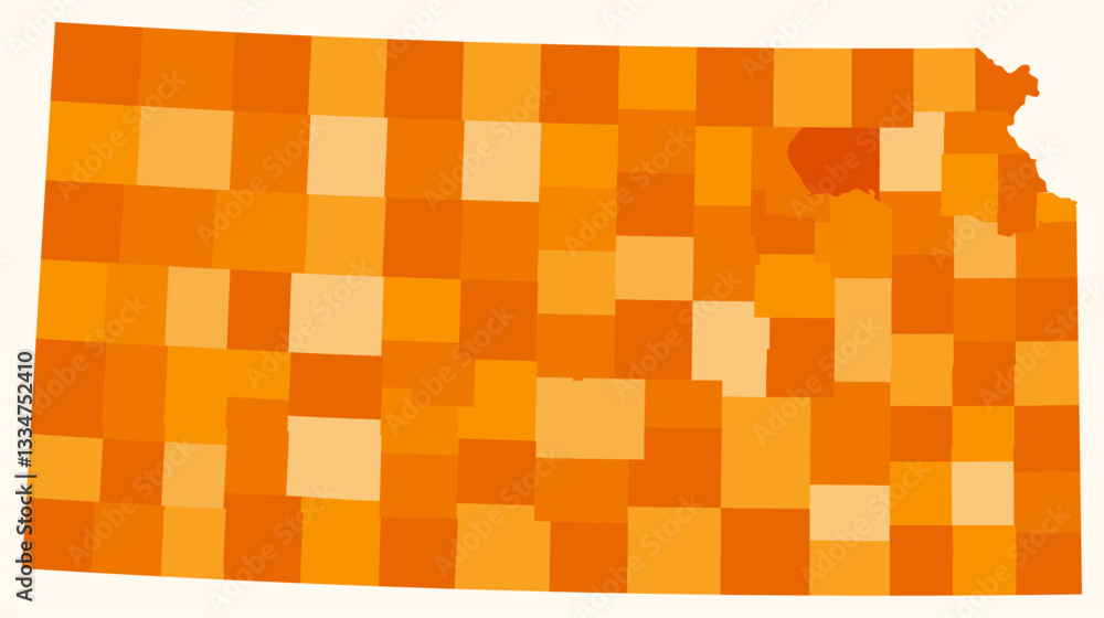 Poster map of kansas with counties. just a simple state border map with county division. orange color palet