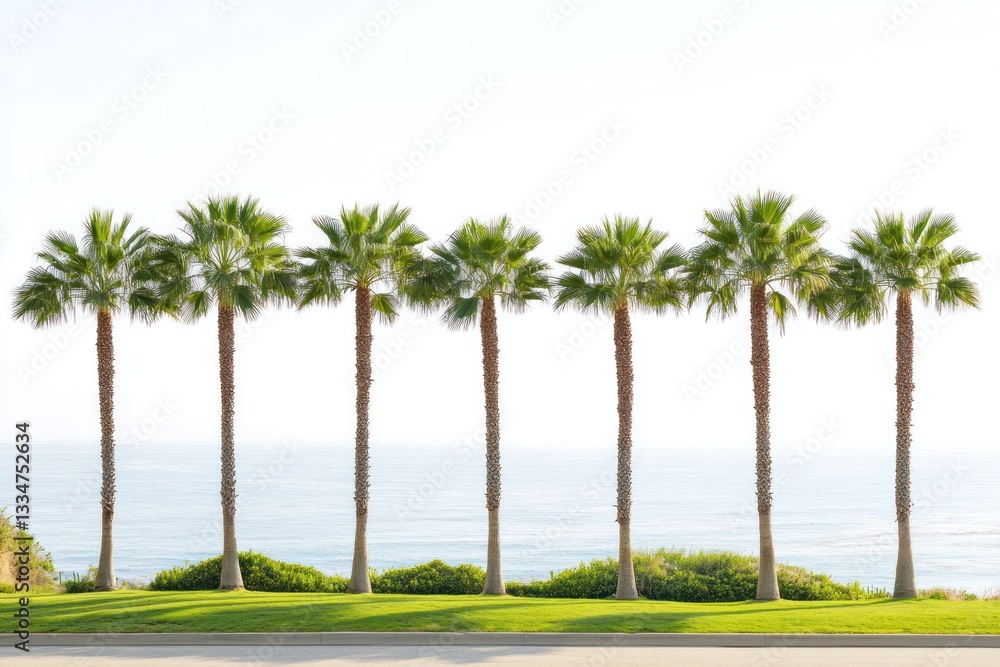 Poster a row of evenly spaced palm trees along a coastal path with a calm ocean backdrop under a cloudless 