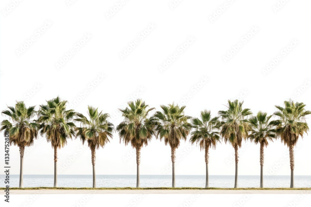 Poster a row of evenly spaced palm trees along a coastal path with a calm ocean backdrop under a cloudless 