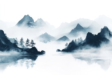 A serene Chinese ink and water landscape painting depicting misty mountains, flowing rivers, and delicate pine trees in traditional brush strokes
