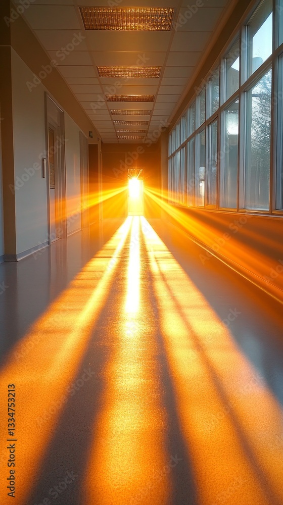Poster As the sun sets, golden rays spill into the corridor through large windows, casting long shadows on the polished floor and creating a serene atmosphere. The play of light evokes a sense of calm