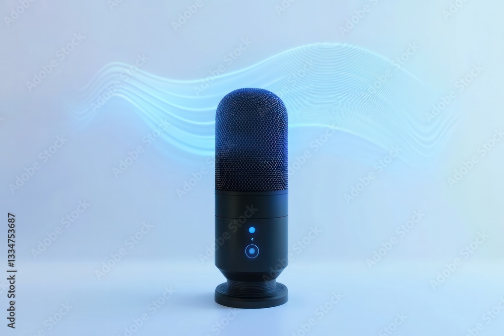 Poster a sleek and modern microphone with a digital waveform graphic floating above it, representing the ac