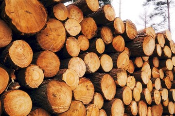 Logging site with stacked tree trunks