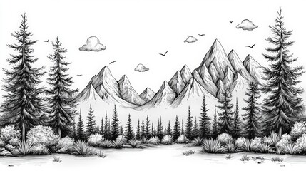Fototapeta premium Black and White Illustration of Mountain Landscape with Trees and Clouds in a Scenic View