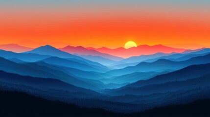 Fototapeta premium Vibrant Sunset Over Serene Mountain Range with Layered Silhouettes and Colorful Sky