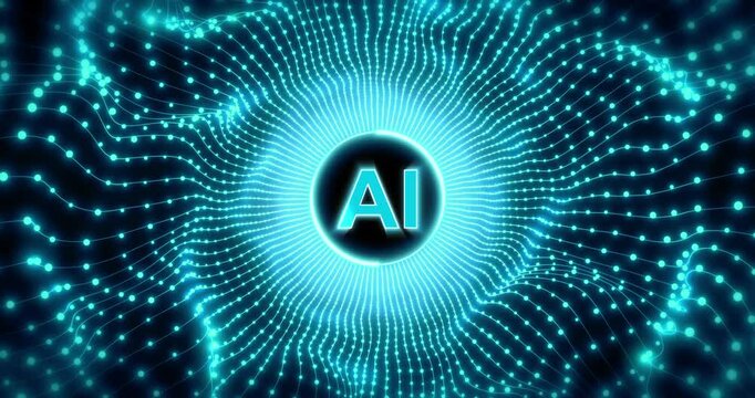 Abstract glowing AI hi-tech energy particles waves data tunnel. Science and technology futuristic abstract circular lines and particles background. Data streaming through particles abstract animation.