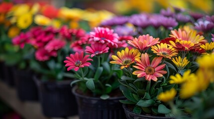 Eye-Level Close-Up Shot of a Variety of Multicolored Flowers in Black Pots Creating a Vibrant Floral Display