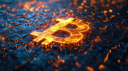 Close-up of Glowing 3D Bitcoin Symbol on Dark Gradient Background. Generative AI