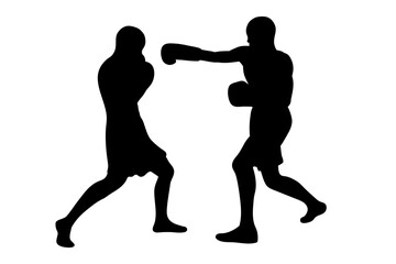 A vector silhouette of two boxers, one throwing a punch while the other is dodging it, set against a white background.