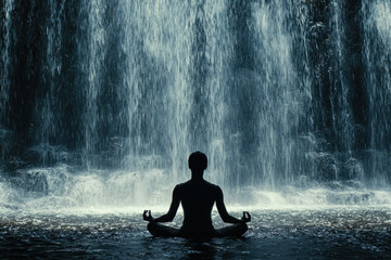 Obraz premium Silhouette of a person meditating peacefully in front of a cascading waterfall.