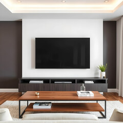 A flat screen tv mounted on a wall above a coffee table