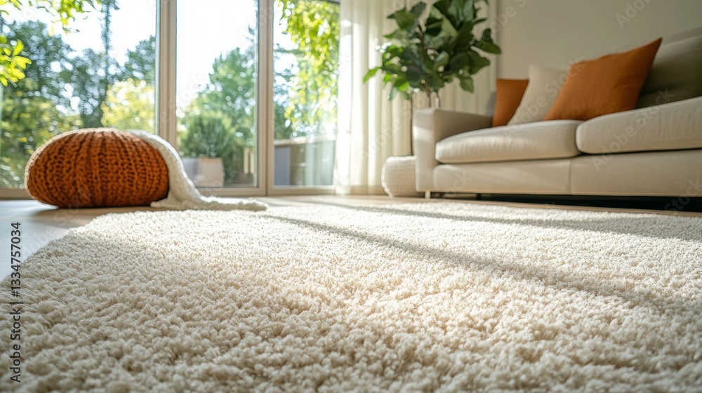 Poster sunlight filters through large windows, illuminating a serene living room adorned with a plush rug a