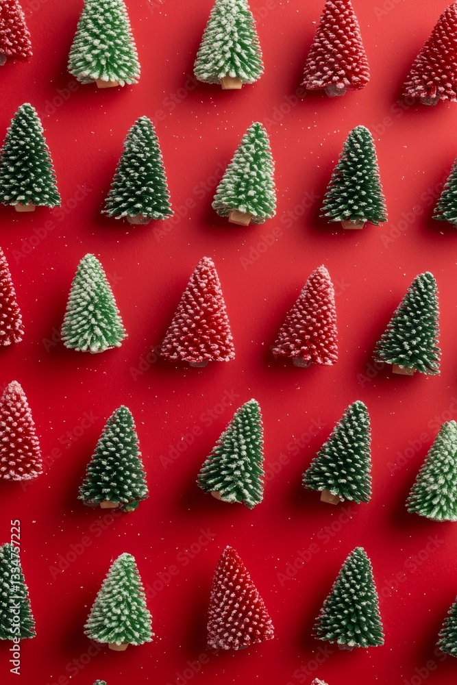 Poster Festive Arrangement of Miniature Christmas Trees in Green and Red Colors on a Vibrant Red Surface with Artificial Snowflakes Creating a Holiday Pattern