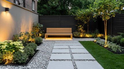 Fototapeta premium Elegant Backyard Garden with Geometric Stone Pathway and Lighting