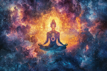 A silhouette of a person meditating, surrounded by a vibrant, cosmic nebula, symbolizing inner peace and universal connection.