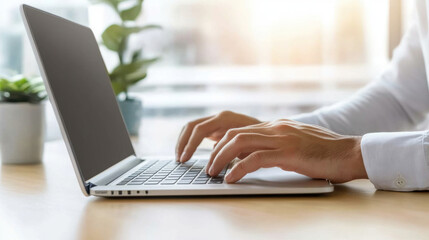 Fototapeta premium person typing on laptop in cozy home office with plants nearby